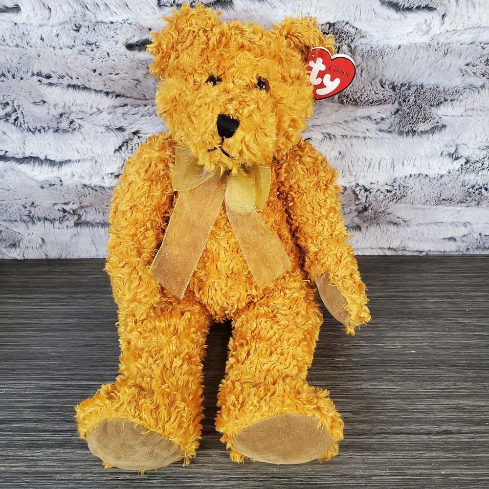 Ty Classic Plush TEDDYBEARSARY Teddy Bear 14" Brown Curly Fur Gold Coin Charm